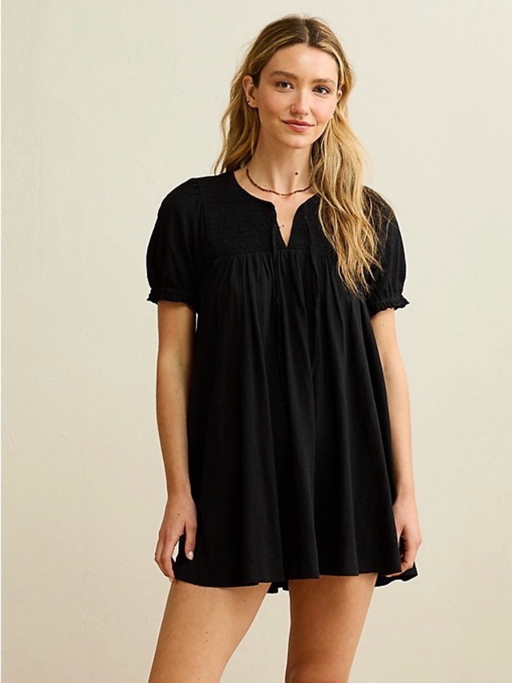 American Eagle Outfitters Black Smocked Yoke Tunic Dress